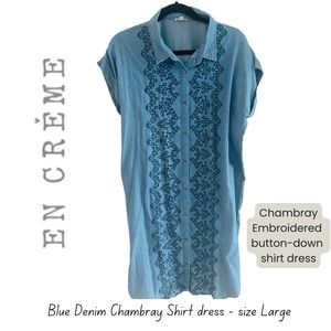 En Créme Chambray Embroidered Shirt Dress